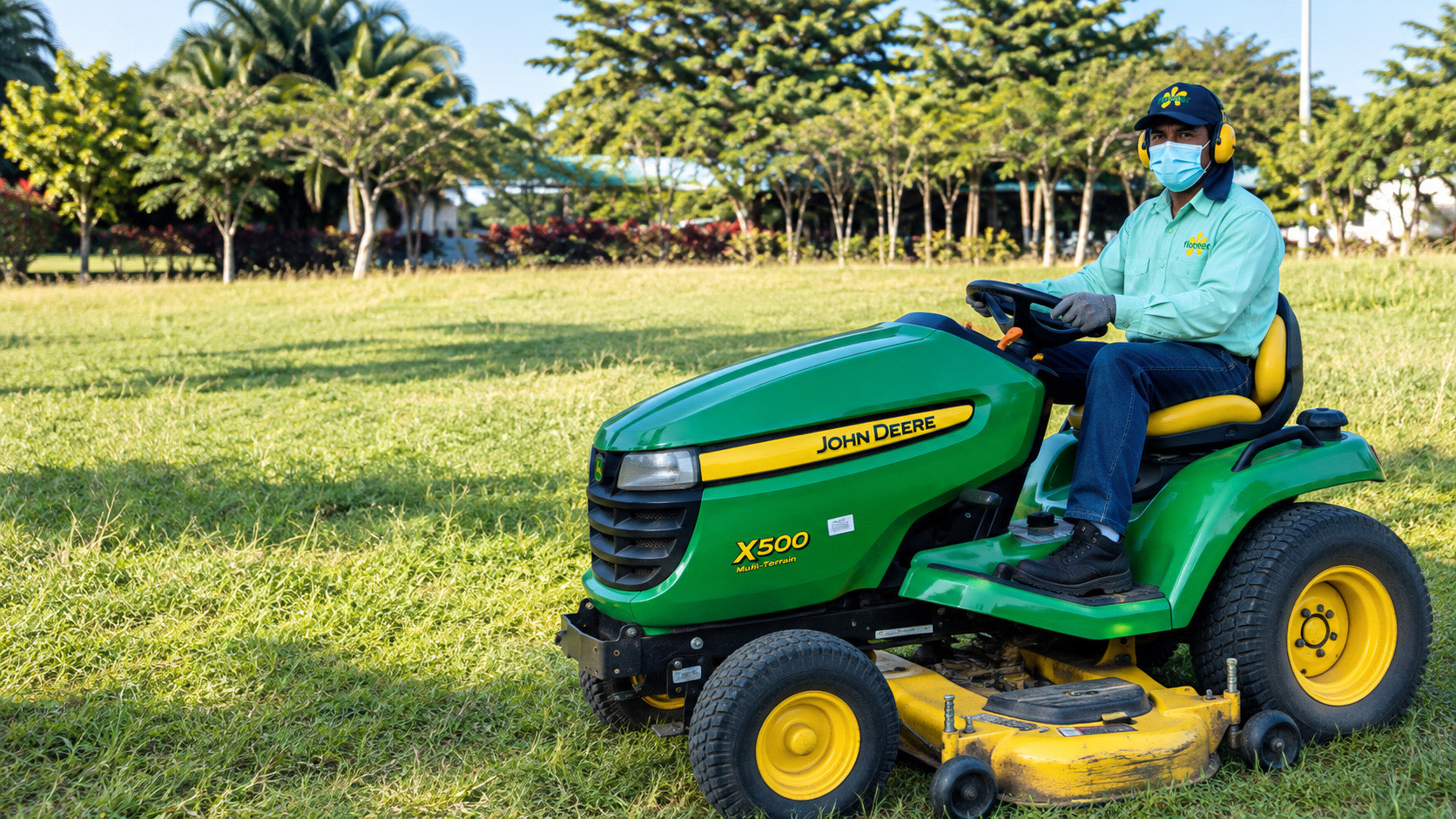 Operario de Florecer cortando césped en tractor con elementos de protección